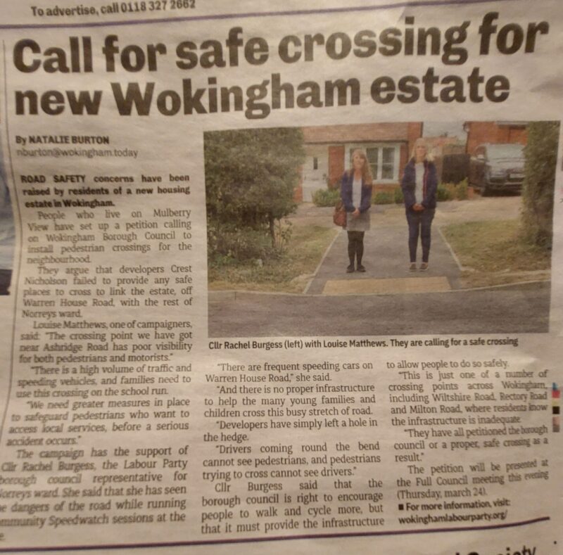 Article on the need for a safe crossing on Warren House Road.