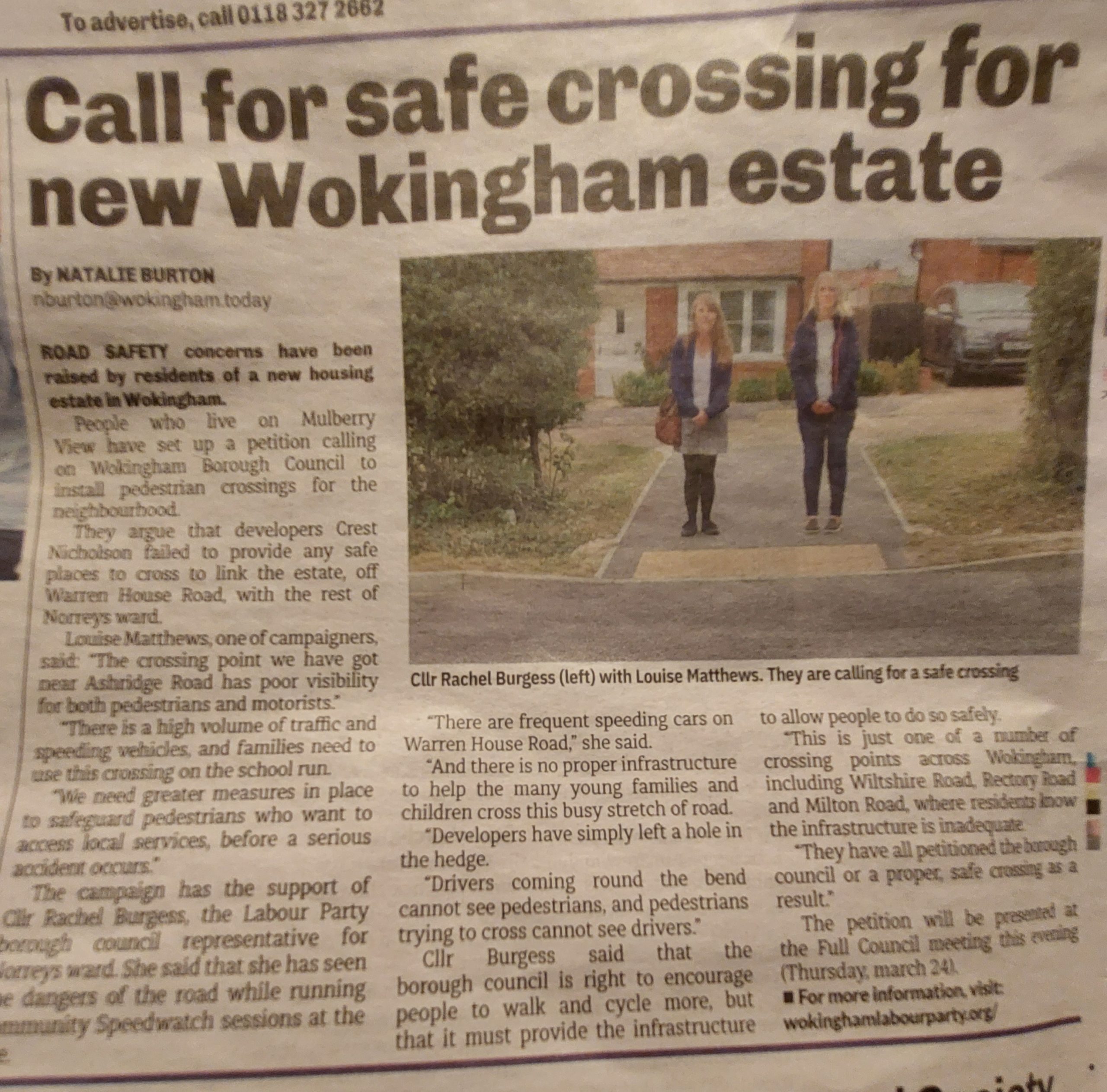 Wokingham.Today coverage of the campaign for a safe crossing on Warren House Road.