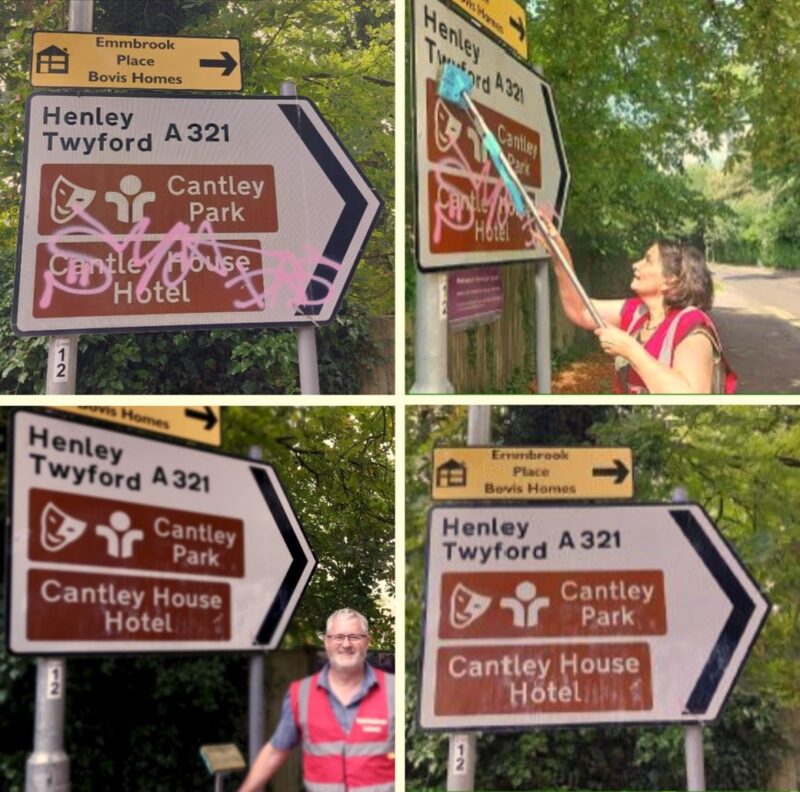 Andy Croy and Marie-Louise Weighill tackled graffiti and dirty road signs in Milton Road.