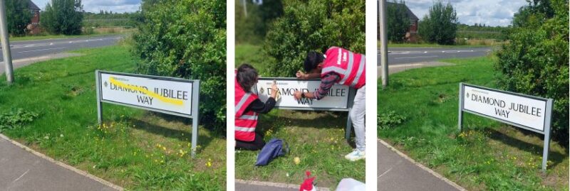 Marie-Louise and Nagi also tackled this yellow graffiti in Diamond Jubilee Way.