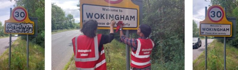 Marie-Louise Weighill and Nagi Nagella did an excellent job with this ‘Welcome to Wokingham’ sign that was covered in black graffiti.