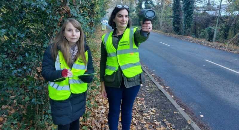 Rachel and Marie-Louise volunteering with Community Speedwatch on Wiltshire Road in November 2023.