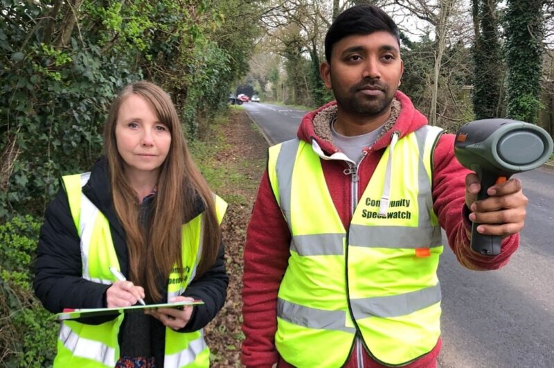 Rachel and Nagi volunteering with Community Speedwatch on Wiltshire Road in March 2024.