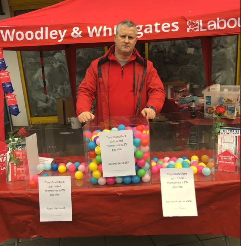 Andy Croy campaigning against pay rises for councillors in Woodley several years ago.